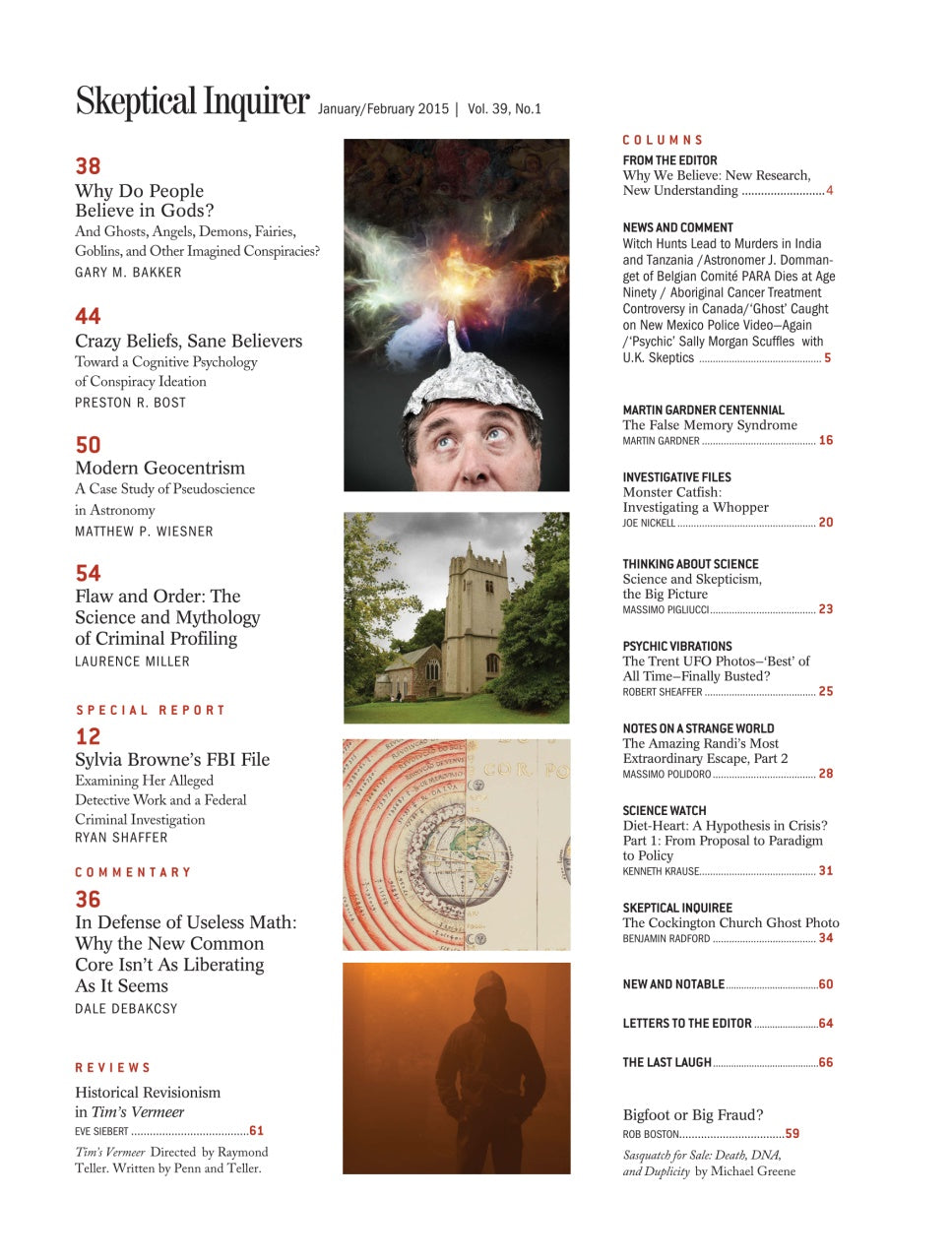 A magazine or book interior spread titled 'Skeptical Inquirer' showing multiple article pages, a small color photo of a person looking upward, and a portrait of a woman at the bottom right.
[additional_image_link]