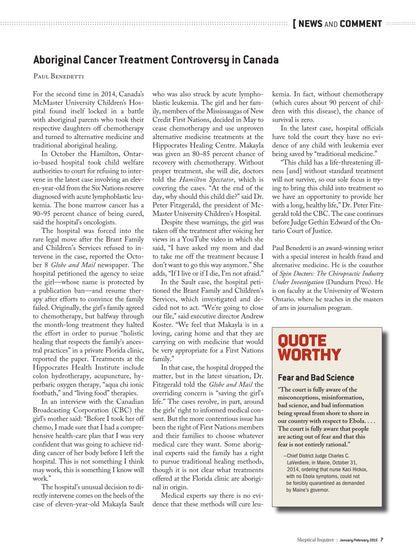 A single-page printed editorial/news article page with the headline 'Absence of Cancer Treatment Controversy in Canada' and a large quote box titled 'QUOTE WORTHY' on a white page.
[additional_image_link]