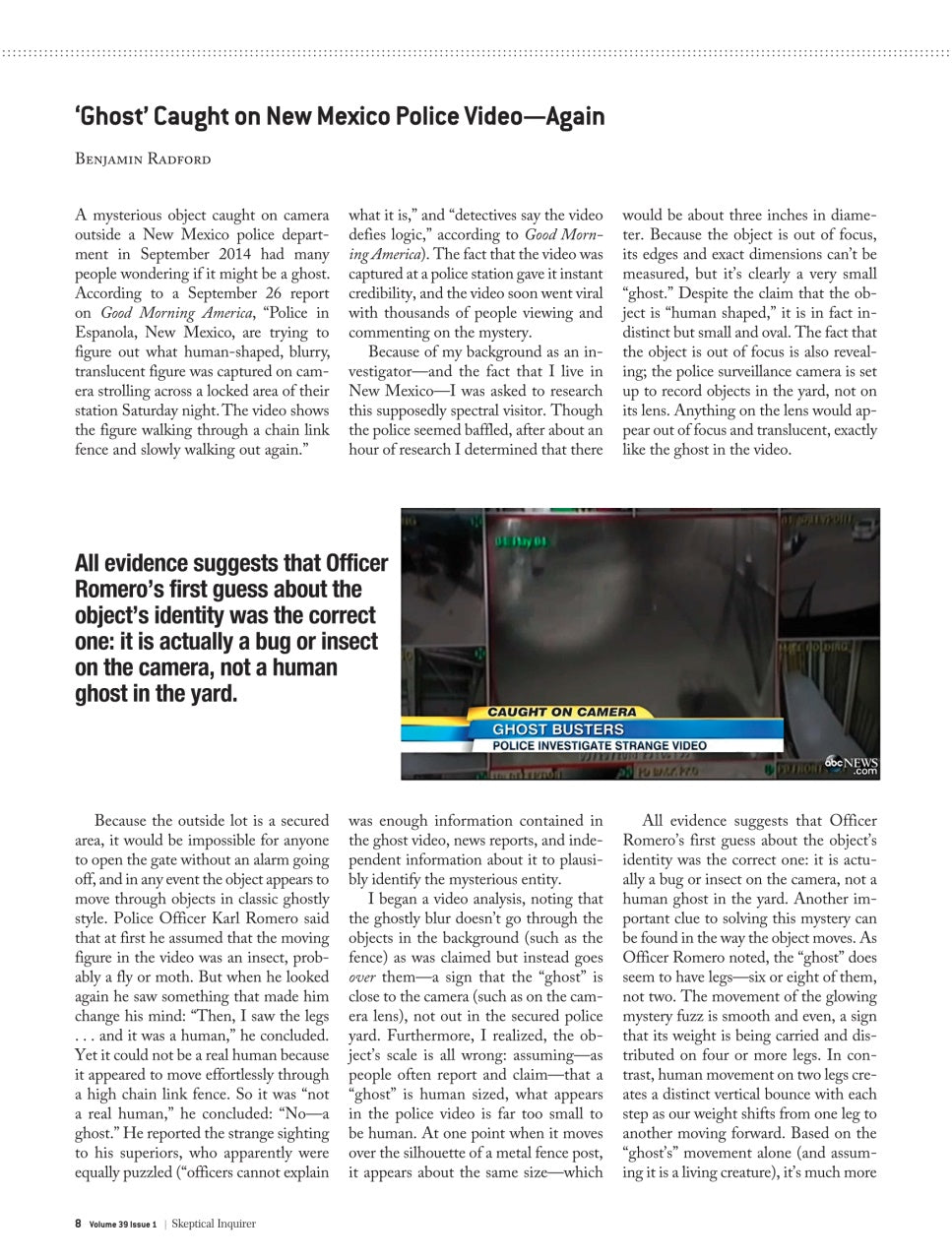 A single printed article page with the headline "'Ghost' Caught on New Mexico Police Video—Again" by Benjamin Rasmussen, showing two columns of text on a white page.
[additional_image_link]