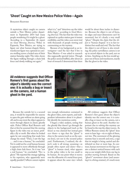 A single printed article page with the headline "'Ghost' Caught on New Mexico Police Video—Again" by Benjamin Rasmussen, showing two columns of text on a white page.
[additional_image_link]
