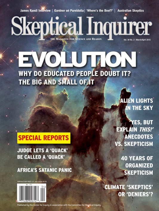 Skeptical Inquirer magazine cover featuring a space-themed nebula artwork with large white title text at the top and multiple article headlines across the cover.
[image_link]