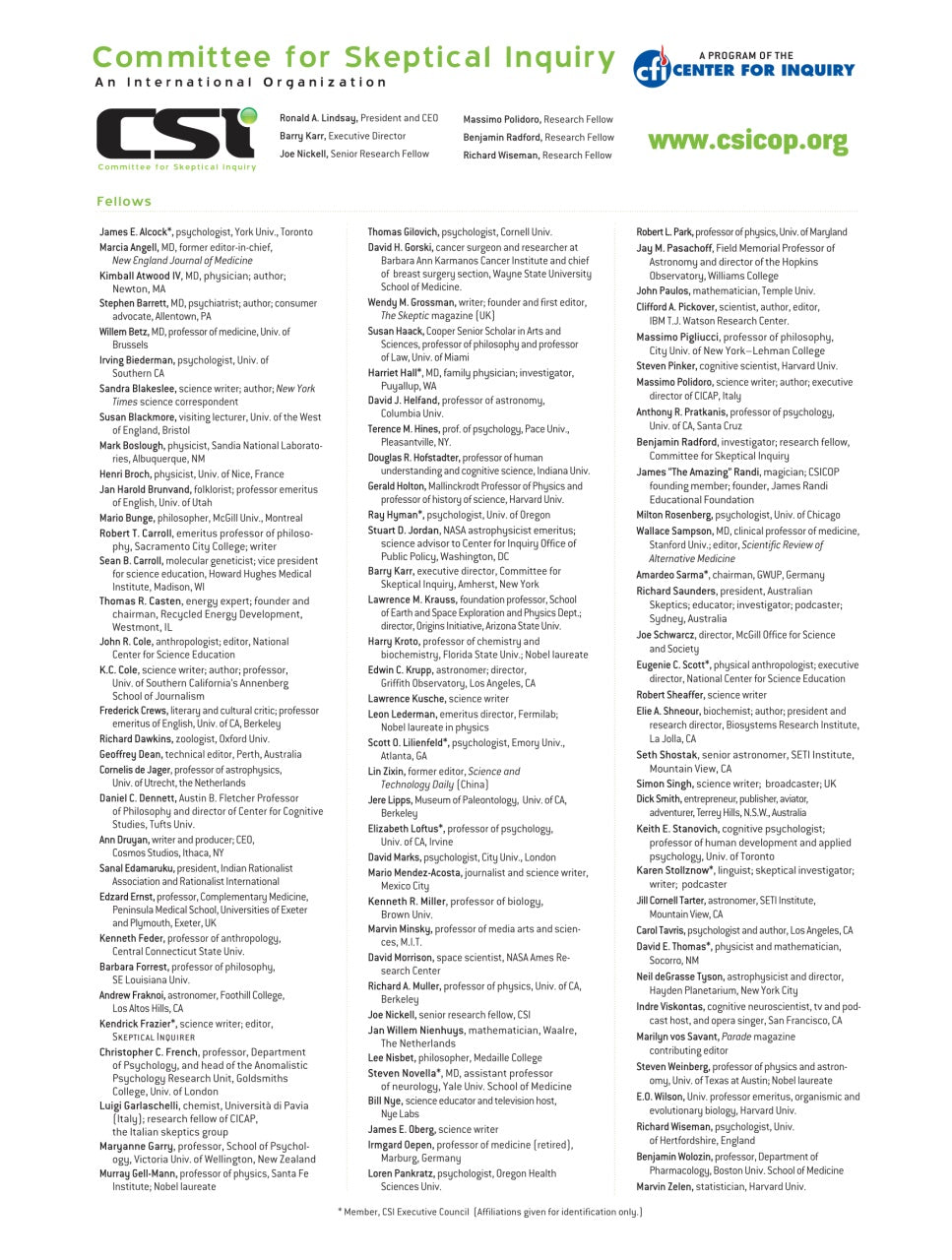 A printed informational poster for the Committee for Skeptical Inquiry (CSI), featuring the organization's name, logo, website, and a list of featured members in two columns of small text on a white background.
[additional_image_link]