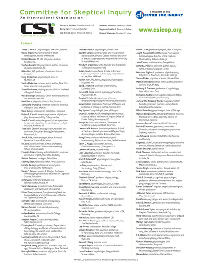 A printed informational poster for the Committee for Skeptical Inquiry (CSI), featuring the organization's name, logo, website, and a list of featured members in two columns of small text on a white background.
[additional_image_link]