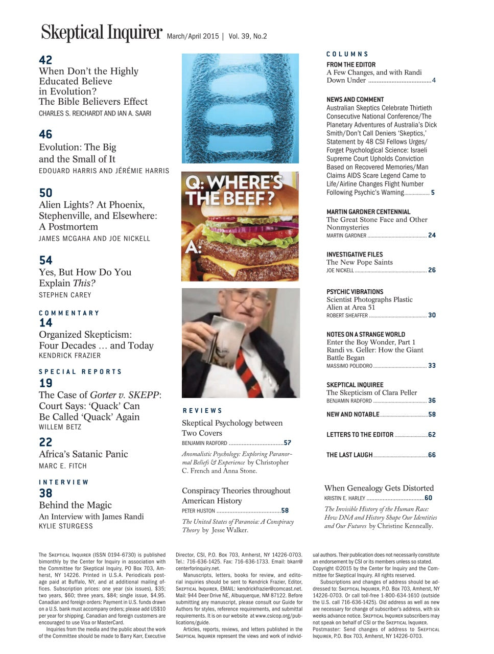 A printed magazine or book interior page titled 'Skeptical Inquirer' with columns of text, article teasers, and two inset photos: a blue fish on a plate and a close-up of a hamburger.
[additional_image_link]