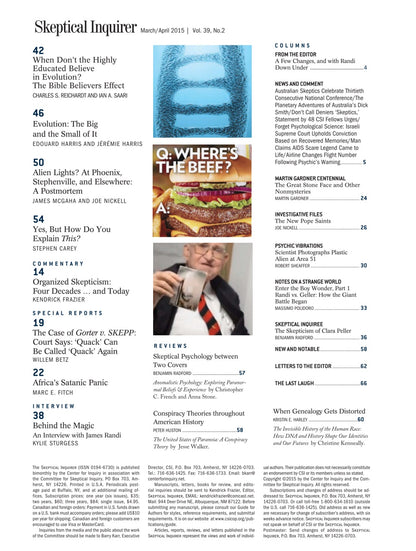 A printed magazine or book interior page titled 'Skeptical Inquirer' with columns of text, article teasers, and two inset photos: a blue fish on a plate and a close-up of a hamburger.
[additional_image_link]