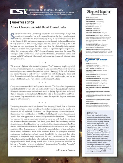 A magazine or journal page from Skeptical Inquirer, featuring an editorial article titled 'A Few Changes, and with Randi Under' by Kevinn Fraser, alongside a sidebar with contributor and center of industry information on a dark background.
[additional_image_link]