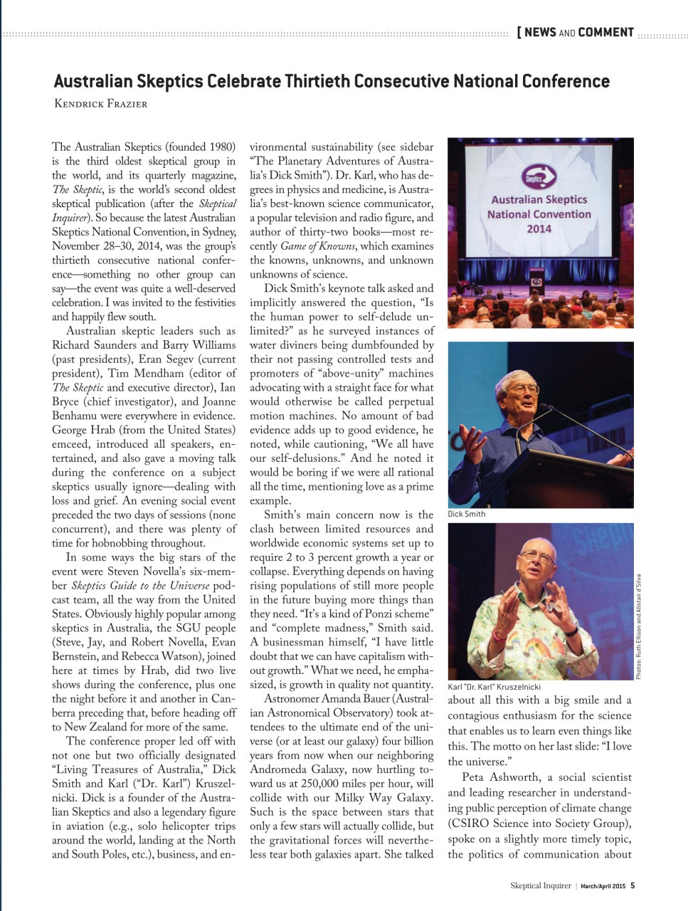 A scanned newspaper page with the headline 'Australian Skeptics Celebrate Thirtieth Consecutive National Conference' by Kinsley Fraser. The page contains multiple columns of black text on a white background, with two small inset photos on the right showing people at conferences.
[additional_image_link]