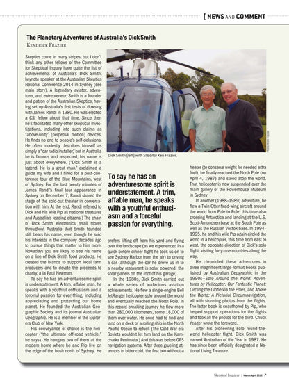 A printed magazine or newspaper article page titled 'The Planetary Adventures of Australia's Dick Smith' with multiple small photos, a large portrait, and several paragraphs of text on a white page.
[additional_image_link]