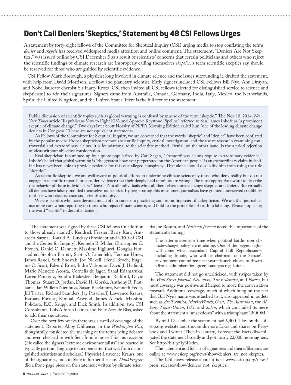 A single printed page from CSIR News featuring a news article titled 'Don't Call Deniers 'Skeptics', 'Statement by 48 CSIR Fellows Urges' in black text on a white page.
[additional_image_link]