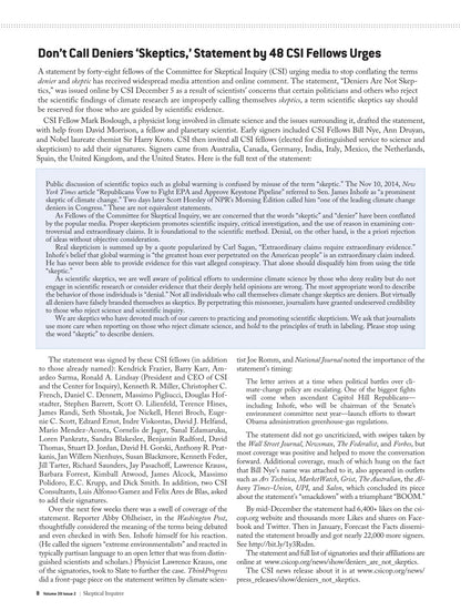 A single printed page from CSIR News featuring a news article titled 'Don't Call Deniers 'Skeptics', 'Statement by 48 CSIR Fellows Urges' in black text on a white page.
[additional_image_link]