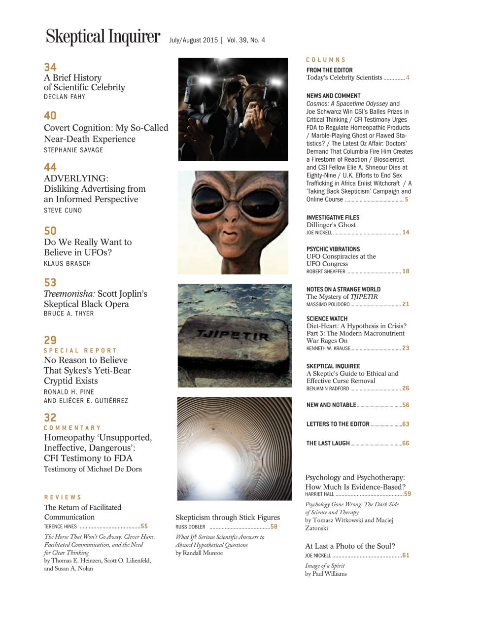 A printed magazine or journal cover page titled Skeptical Inquirer, showing the July 2015 issue layout with article titles, author names, and a small portrait photo of a man.
[additional_image_link]