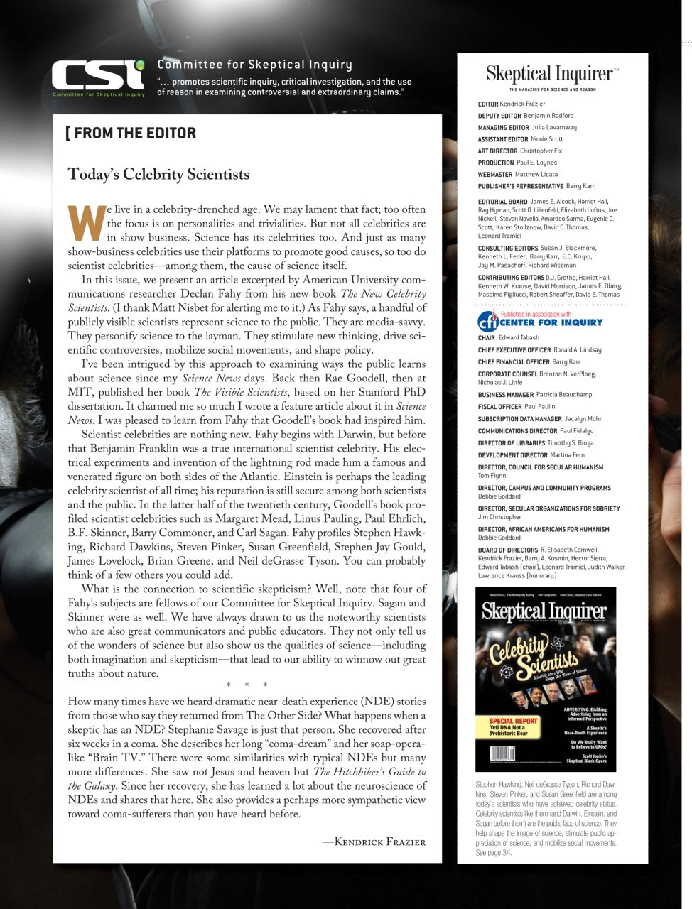 A printed magazine or journal page featuring an editorial article titled 'Committee for Skeptical Inquiry' with columns of text, a sidebar titled 'Skeptical Inquirer,' and a small advertisement for 'Cosmic Rays.'.
[additional_image_link]