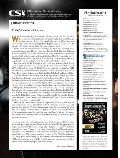 A printed magazine or journal page featuring an editorial article titled 'Committee for Skeptical Inquiry' with columns of text, a sidebar titled 'Skeptical Inquirer,' and a small advertisement for 'Cosmic Rays.'.
[additional_image_link]