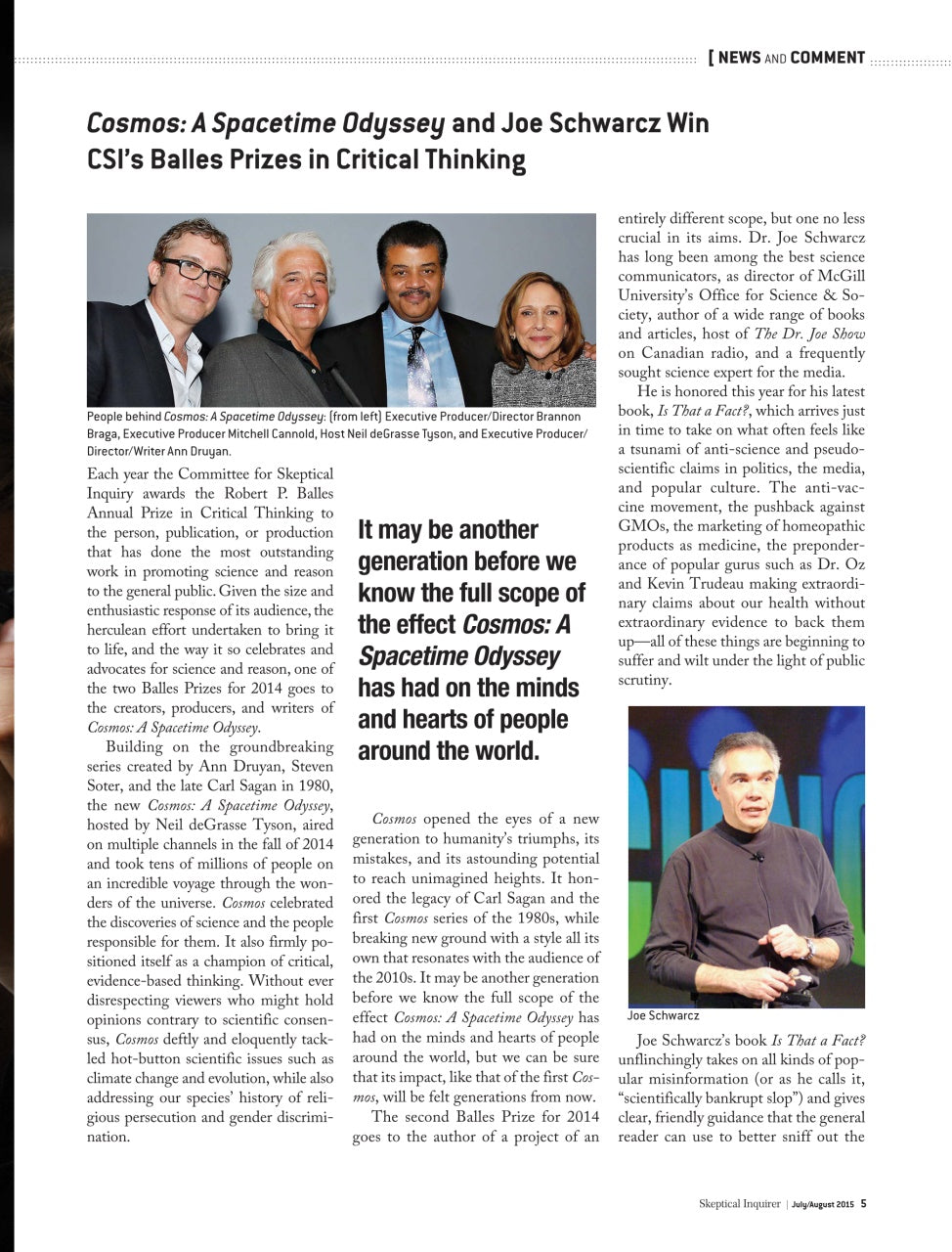 A printed editorial page featuring an article titled 'Cosmos: A Spacetime Odyssey and Joe Schwarz Win CSIs Ballroom Prizes in Critical Thinking,' with two small author photos, body text, and two inset photos.
[additional_image_link]