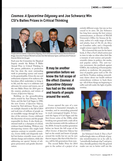 A printed editorial page featuring an article titled 'Cosmos: A Spacetime Odyssey and Joe Schwarz Win CSIs Ballroom Prizes in Critical Thinking,' with two small author photos, body text, and two inset photos.
[additional_image_link]