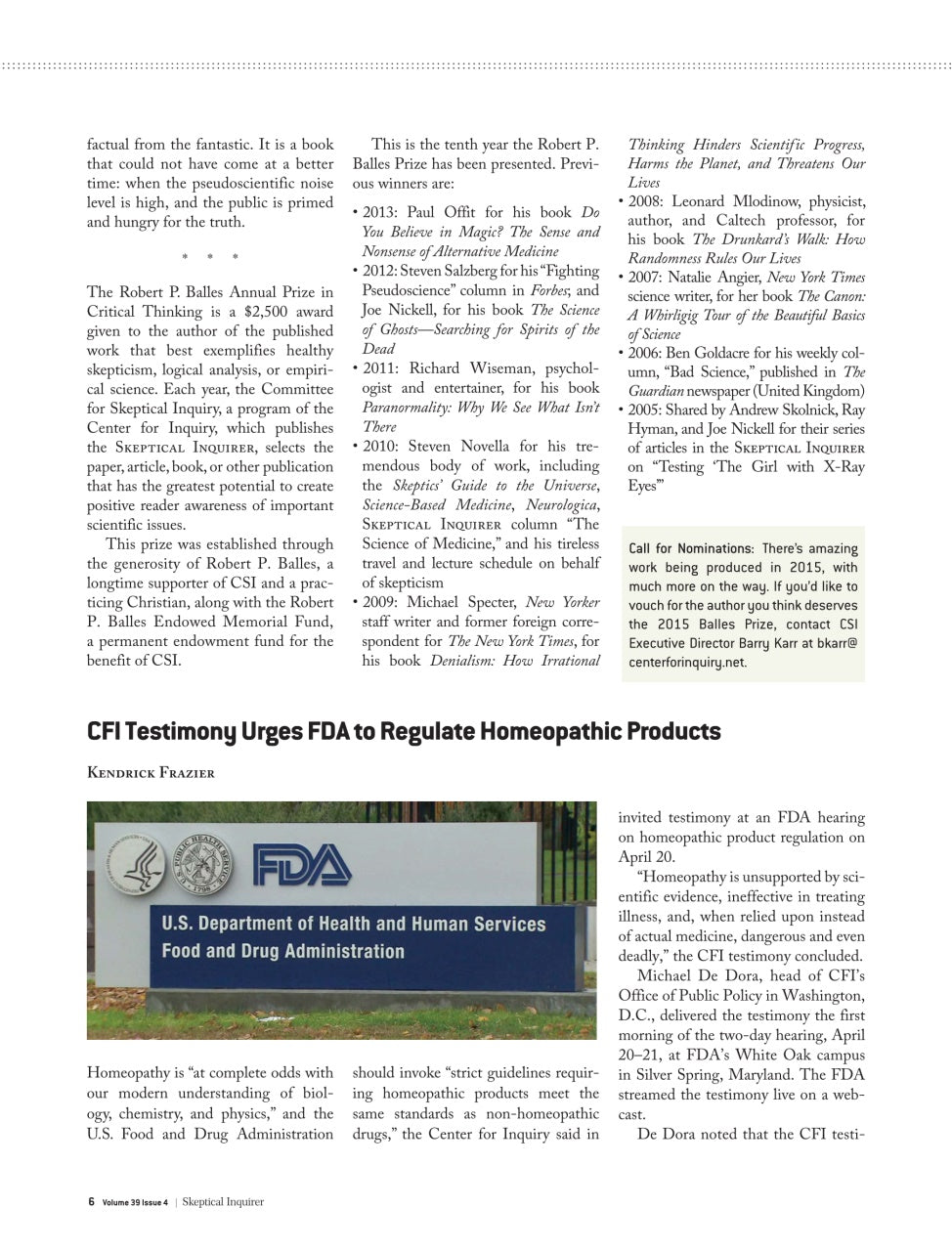 A scanned book or magazine page with multiple columns of black text on a white page, a small FDA logo in the lower left, and a headline reading 'CFI Testing Urges FDA to Regulate Homeopathic Products' by Kenndra Frazier.
[additional_image_link]