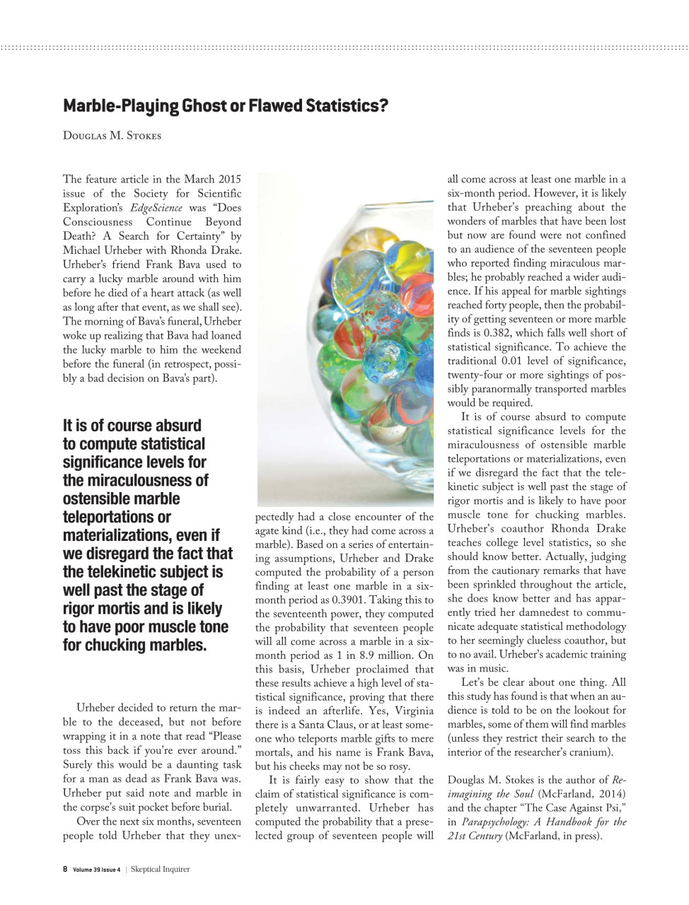 A single-page printed article or book page with the title 'Marble-Playing Ghost or Flawed Statistics?' by Douglas M. Stodgar, featuring black text on a white page with a light gray border.
[additional_image_link]