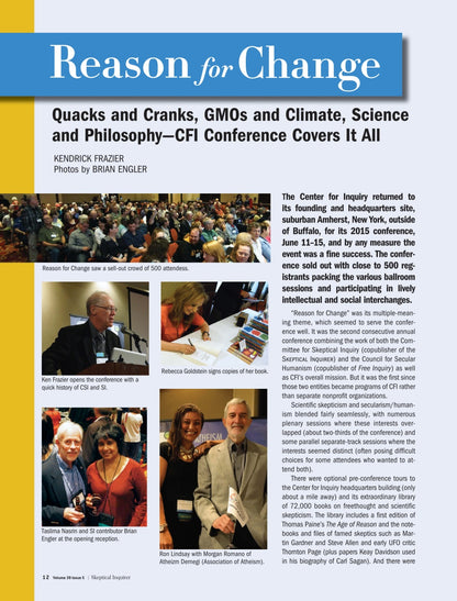 A printed or digital magazine/newsletter page titled 'Reason for Change' with a blue and yellow header, a headline about an event, body text, and several small inset photos of people.
[additional_image_link]