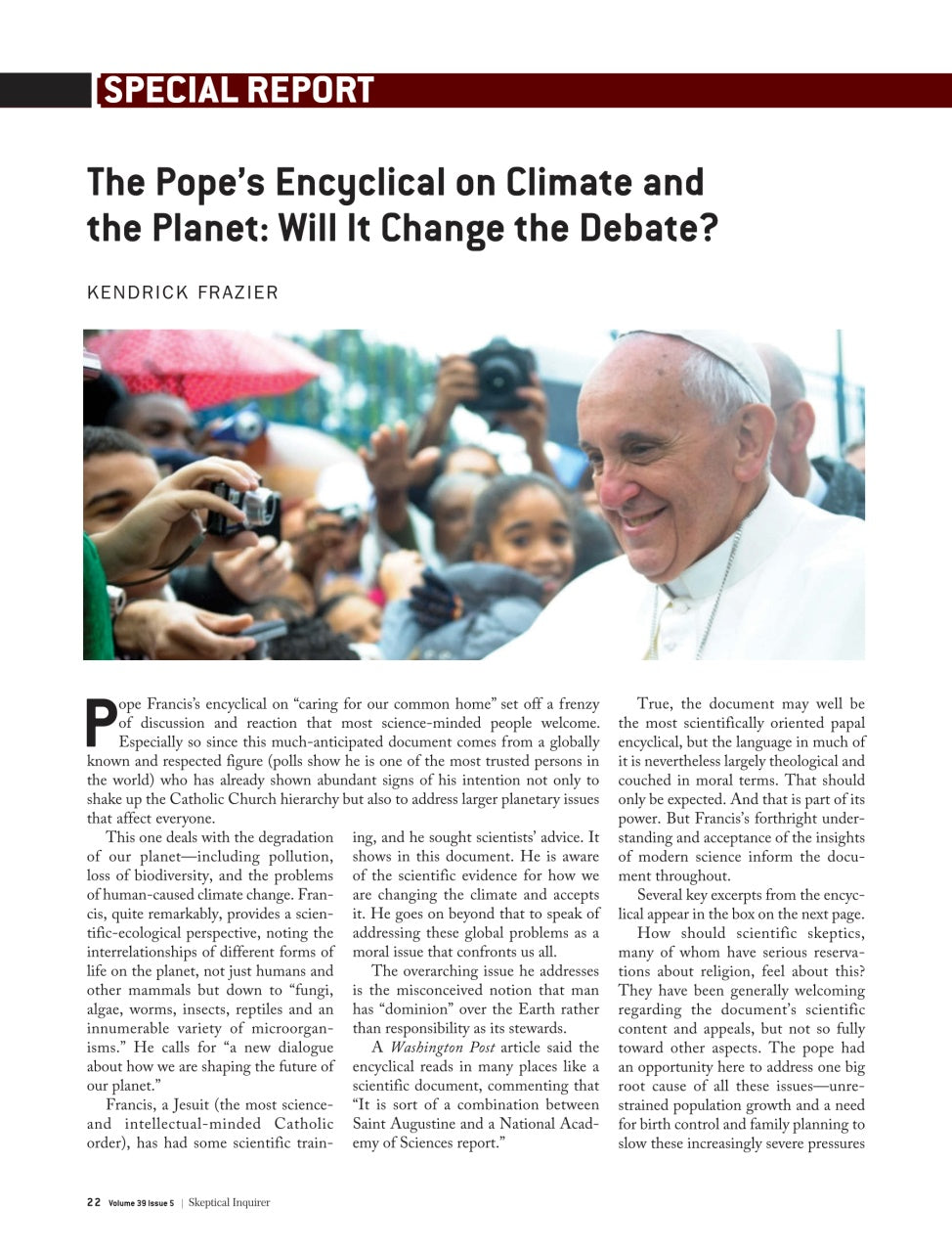 A printed magazine or newspaper page featuring a special report titled 'The Pope's Encyclical on Climate and the Planet?'. The page includes a headline, author name Kendrick Frazier, a small inset photo of a snowy mountain landscape, a large blurred censor block over a central area, and several paragraphs of text below.
[additional_image_link]