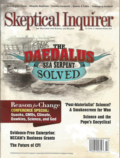 Front cover of Skeptical Inquirer magazine, September 2013 issue, featuring the title at the top, a sepia-toned illustration of a ship and sea serpent, large red and blue text reading 'The Daedalus Sea Serpent Solved,' and several article teasers on the cover.
[additional_image_link]