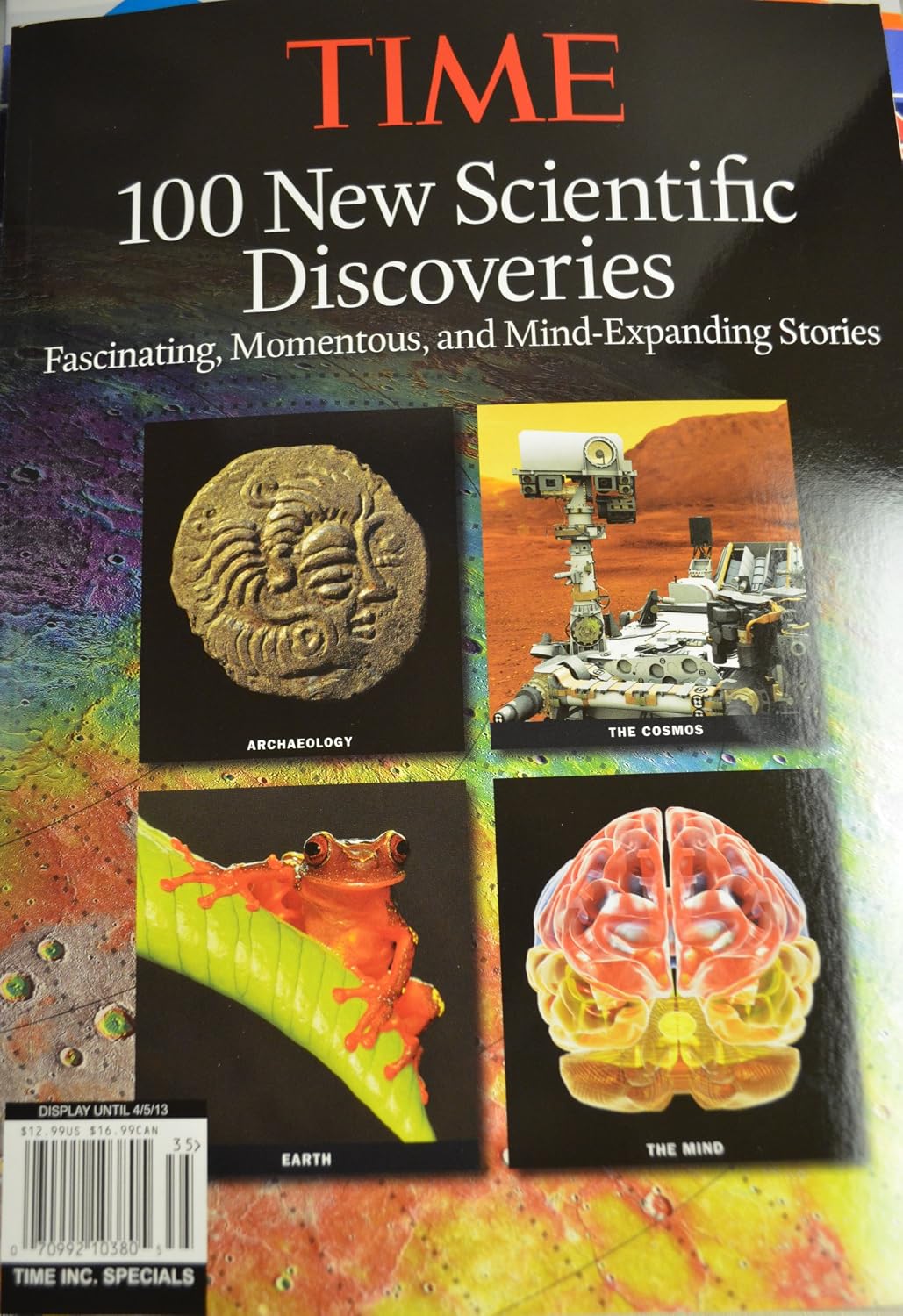Time magazine cover featuring 100 New Scientific Discoveries with images of archaeology, cosmos, earth, and mind.
[additional_image_link]