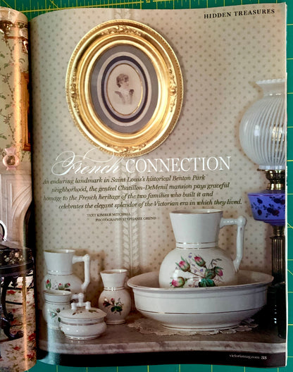 An open book or magazine spread featuring a vintage French porcelain dinnerware set with floral decoration, a gold oval frame, and printed text reading 'French Connection' and 'Hidden Treasures.'.
[additional_image_link]
