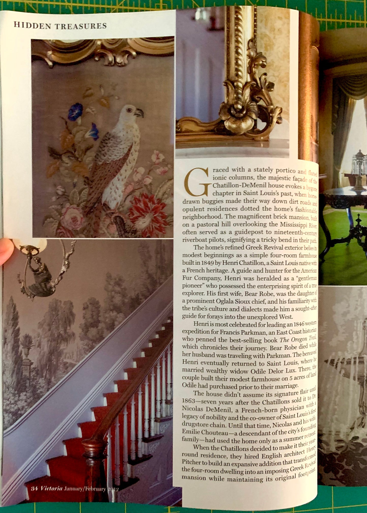 An open book spread showing a historical painting of a woman with a basket on the left page and a printed text page with large gothic lettering on the right. A hand is holding the left edge of the book.
[additional_image_link]