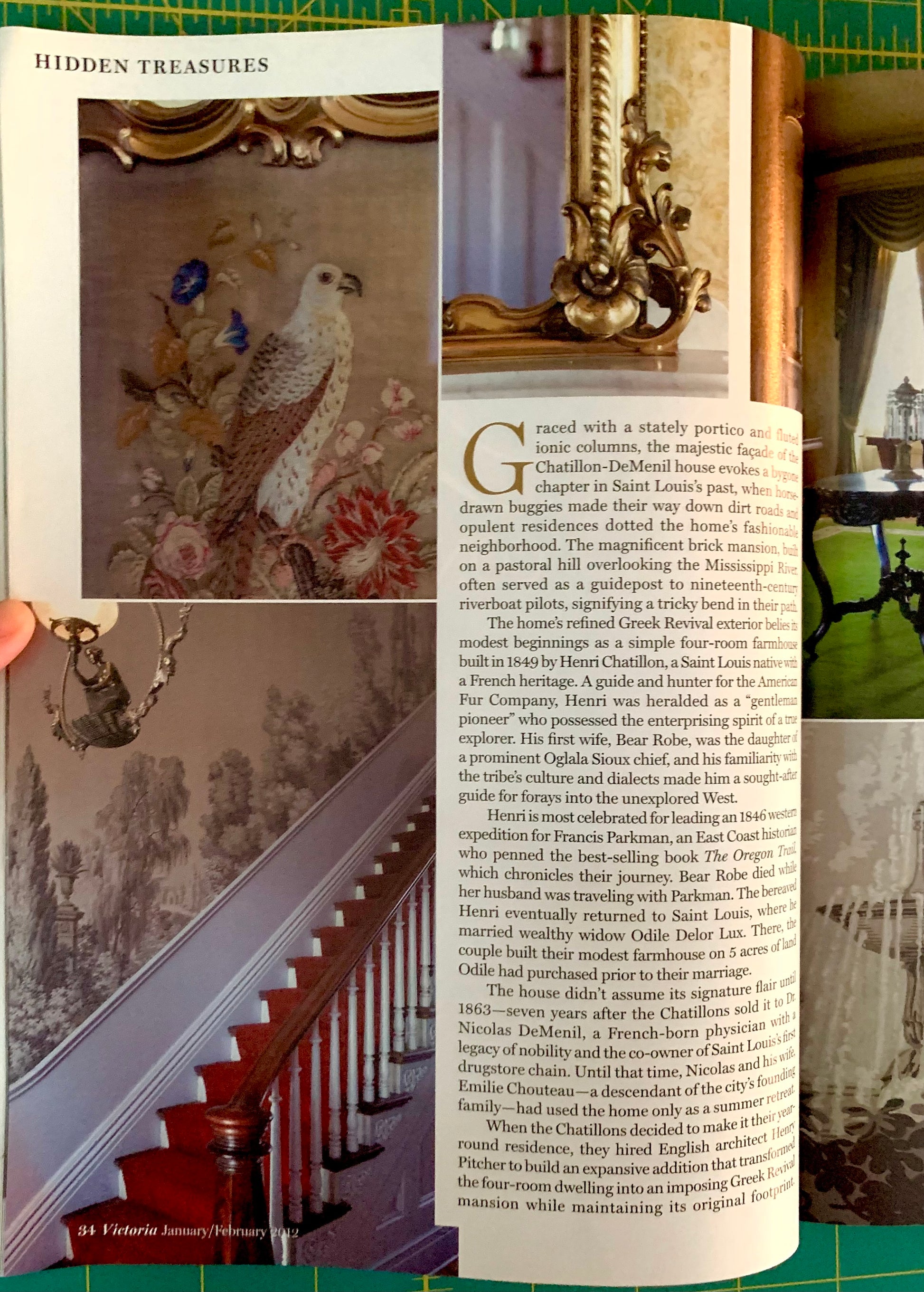 An open book spread showing a historical painting of a woman with a basket on the left page and a printed text page with large gothic lettering on the right. A hand is holding the left edge of the book.
[additional_image_link]
