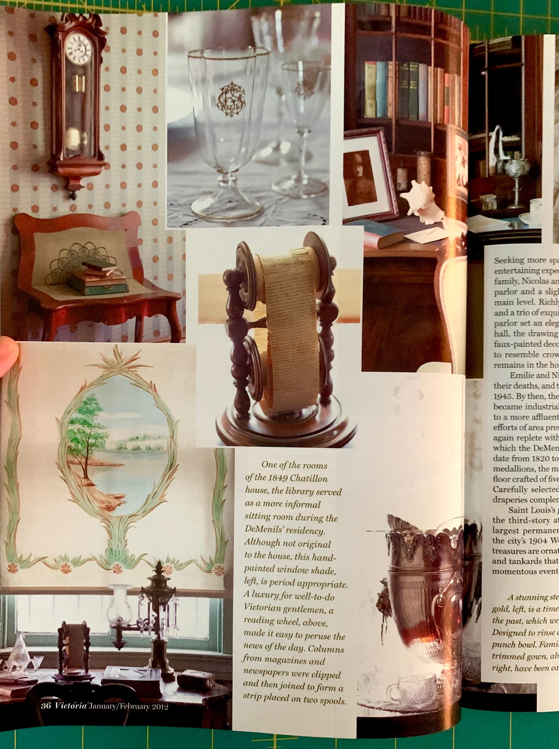A collage of interior design and home decor photographs arranged in a magazine or booklet layout, including a grandfather clock, wallpaper, a glass goblet, a chair, framed art, and text columns. A hand is visible holding the left edge of the page.
[additional_image_link]