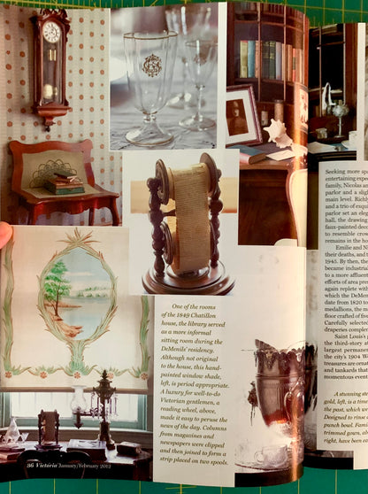A collage of interior design and home decor photographs arranged in a magazine or booklet layout, including a grandfather clock, wallpaper, a glass goblet, a chair, framed art, and text columns. A hand is visible holding the left edge of the page.
[additional_image_link]