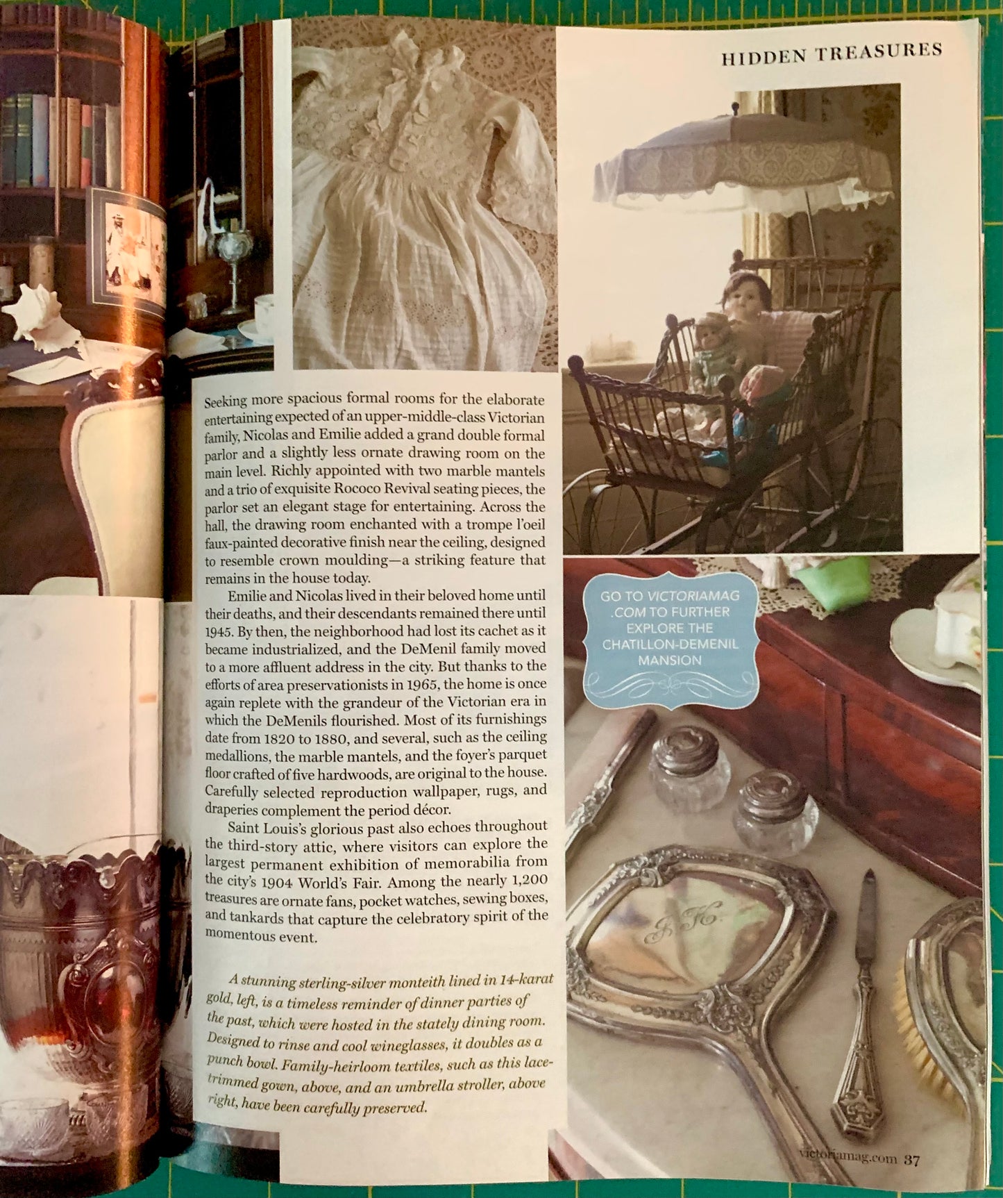 An open book spread showing a page titled 'HIDDEN TREASURES' with a large vintage carriage photograph on the right, a smaller carriage photo on the left, and a text block in the middle. A blue sticker overlay points to the carriage image on the right.
[additional_image_link]