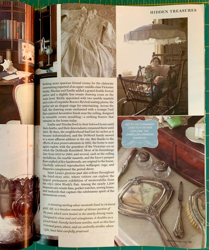 An open book spread showing a page titled 'HIDDEN TREASURES' with a large vintage carriage photograph on the right, a smaller carriage photo on the left, and a text block in the middle. A blue sticker overlay points to the carriage image on the right.
[additional_image_link]
