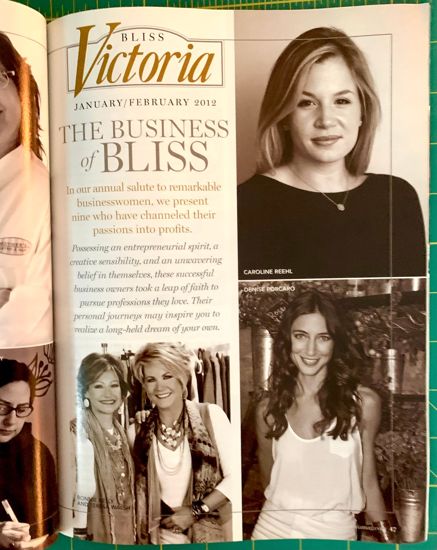 An open magazine or booklet spread showing pages from January/February 2012, with the title 'Bliss Victoria' and several black-and-white and color portraits of a woman. The pages are photographed against a green grid background.
[additional_image_link]