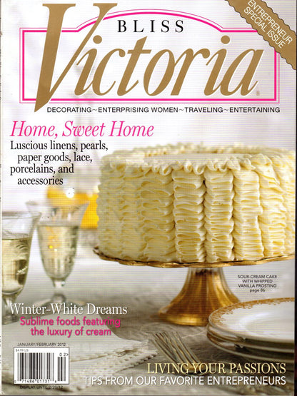 Bliss Victoria magazine cover featuring a large cream-colored iced cake on a gold stand, with the title 'Bliss Victoria' at the top and article headlines around it.
[additional_image_link]