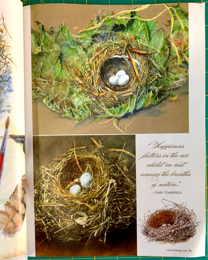 An open art book or magazine spread showing three bird nest illustrations with eggs, a quote by John Mappild, and a small nest drawing. A paintbrush is visible along the left page edge.
[additional_image_link]