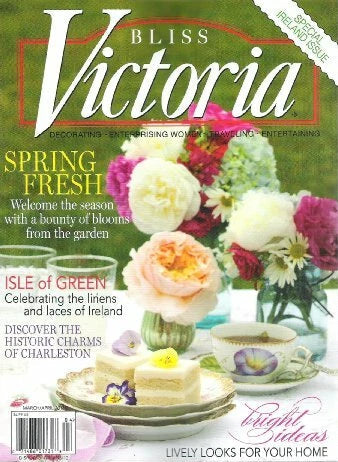 Bliss Victoria magazine cover featuring a floral arrangement, teacups, and a small cake on a table, with the title 'Bliss Victoria' prominently displayed at the top.
[additional_image_link]