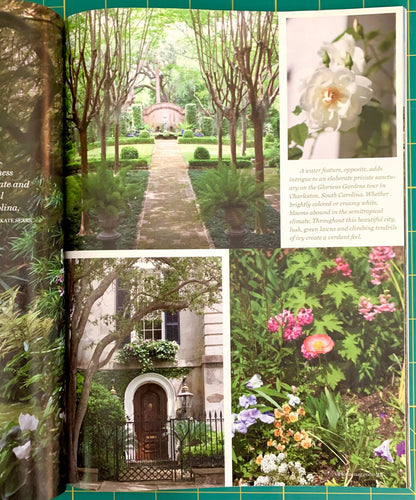 An open magazine or book spread showing garden and house photography with a green border. The pages include a tree-lined pathway, a white house with an arched wooden door, and a close-up floral garden section with pink, purple, orange, and white flowers.
[additional_image_link]