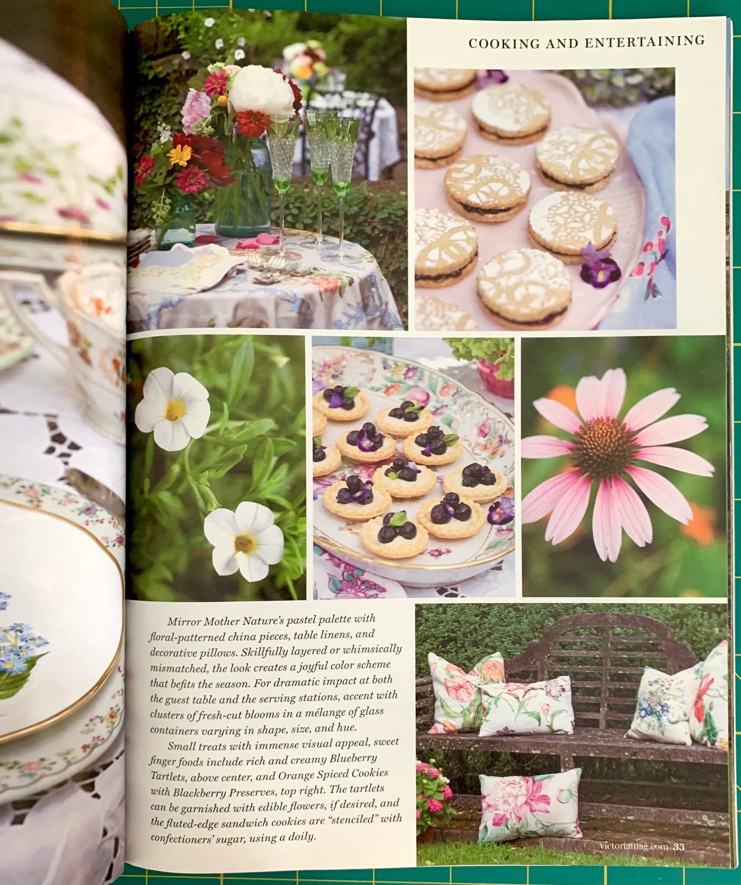 A printed magazine or book spread showing a cooking and entertaining page with photos of decorated cookies, flowers, and a porcelain teapot. The page includes text and multiple inset images arranged in a collage layout.
[additional_image_link]