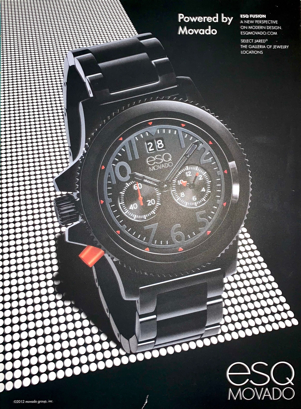 A vintage Esq Movado watch advertisement featuring a black chronograph-style wristwatch with a black dial, black bezel, and black link bracelet, set against a black background with a white grid pattern and white text.
[additional_image_link]