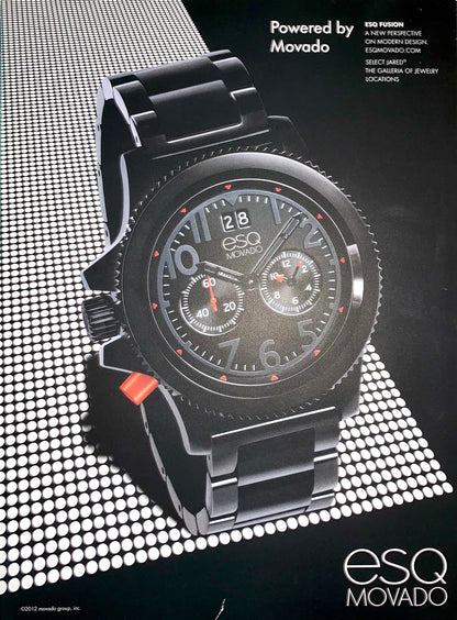 A vintage Esq Movado watch advertisement featuring a black chronograph-style wristwatch with a black dial, black bezel, and black link bracelet, set against a black background with a white grid pattern and white text.
[additional_image_link]