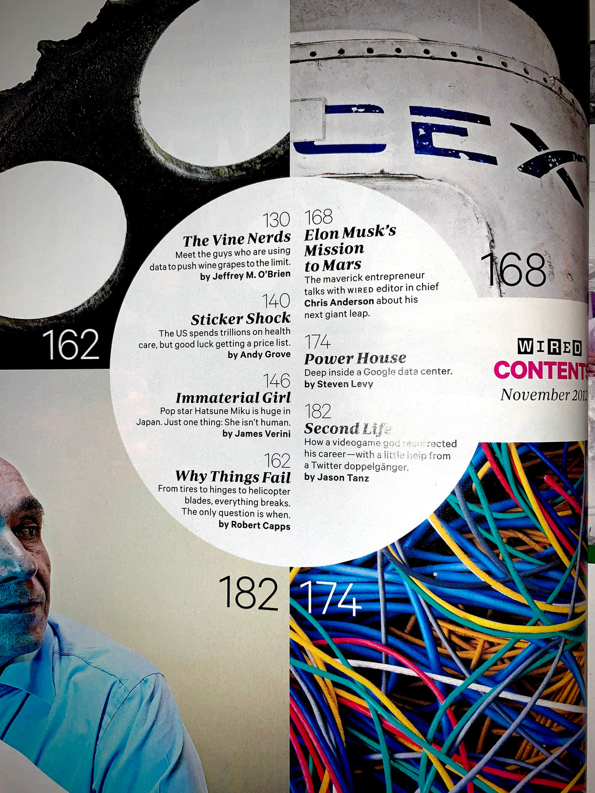 A magazine or book cover design featuring a white circular content callout with article titles and page numbers overlaid on a photographic background of a man in a blue shirt and a white airplane.
[additional_image_link]