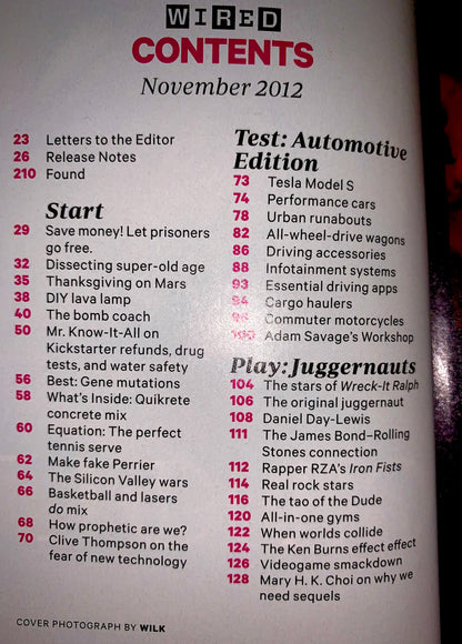 A printed magazine or book contents page titled 'WIRED CONTENTS November 2012' with red and black text on a white page, photographed against a dark background.
[additional_image_link]