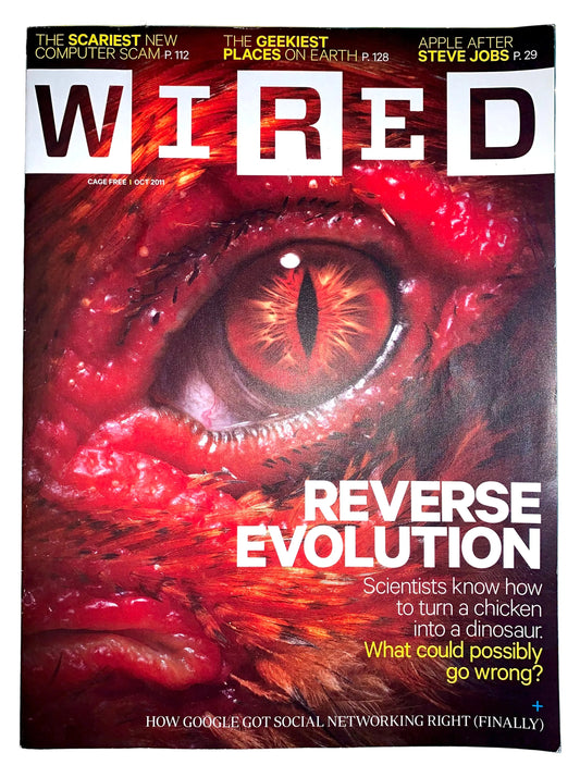 Wired magazine cover featuring a close-up of a detailed red eye on the front, with large white 'WIRED' masthead and cover lines including 'Reverse Evolution'.
[image_link]