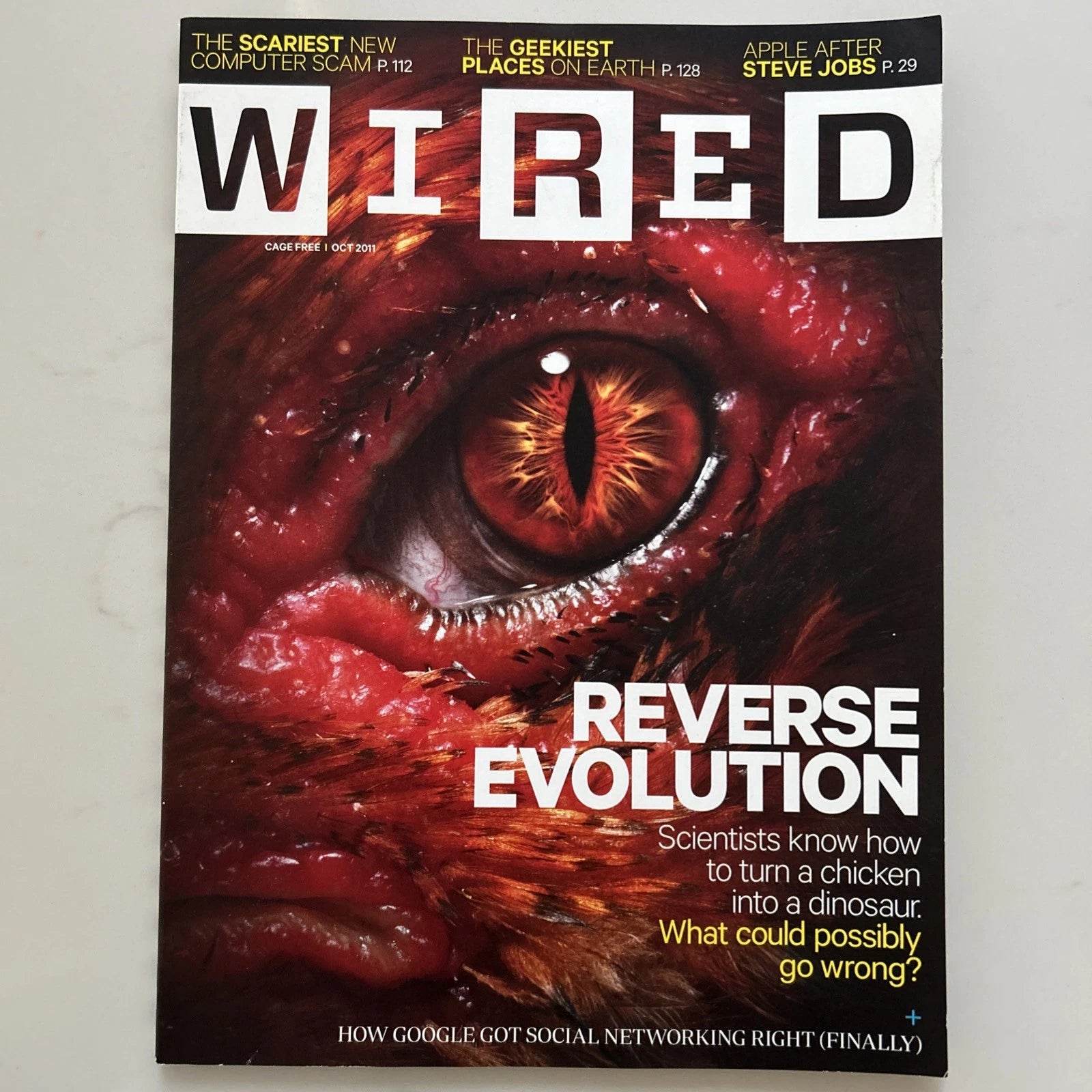 Wired magazine cover from January/February 2021, featuring a close-up of a red eye on the cover with the title 'WIRED' in large white letters and the headline 'REVERSE EVOLUTION'.
[additional_image_link]