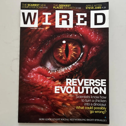 Wired magazine cover from January/February 2021, featuring a close-up of a red eye on the cover with the title 'WIRED' in large white letters and the headline 'REVERSE EVOLUTION'.
[additional_image_link]