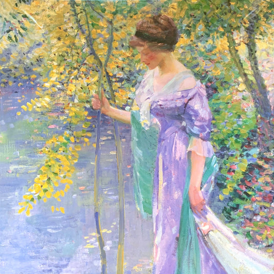 A jigsaw puzzle depicting a woman in a purple dress standing at a water's edge in a garden setting, with green and yellow colors in the background.
Photo by Karen King [image_link]