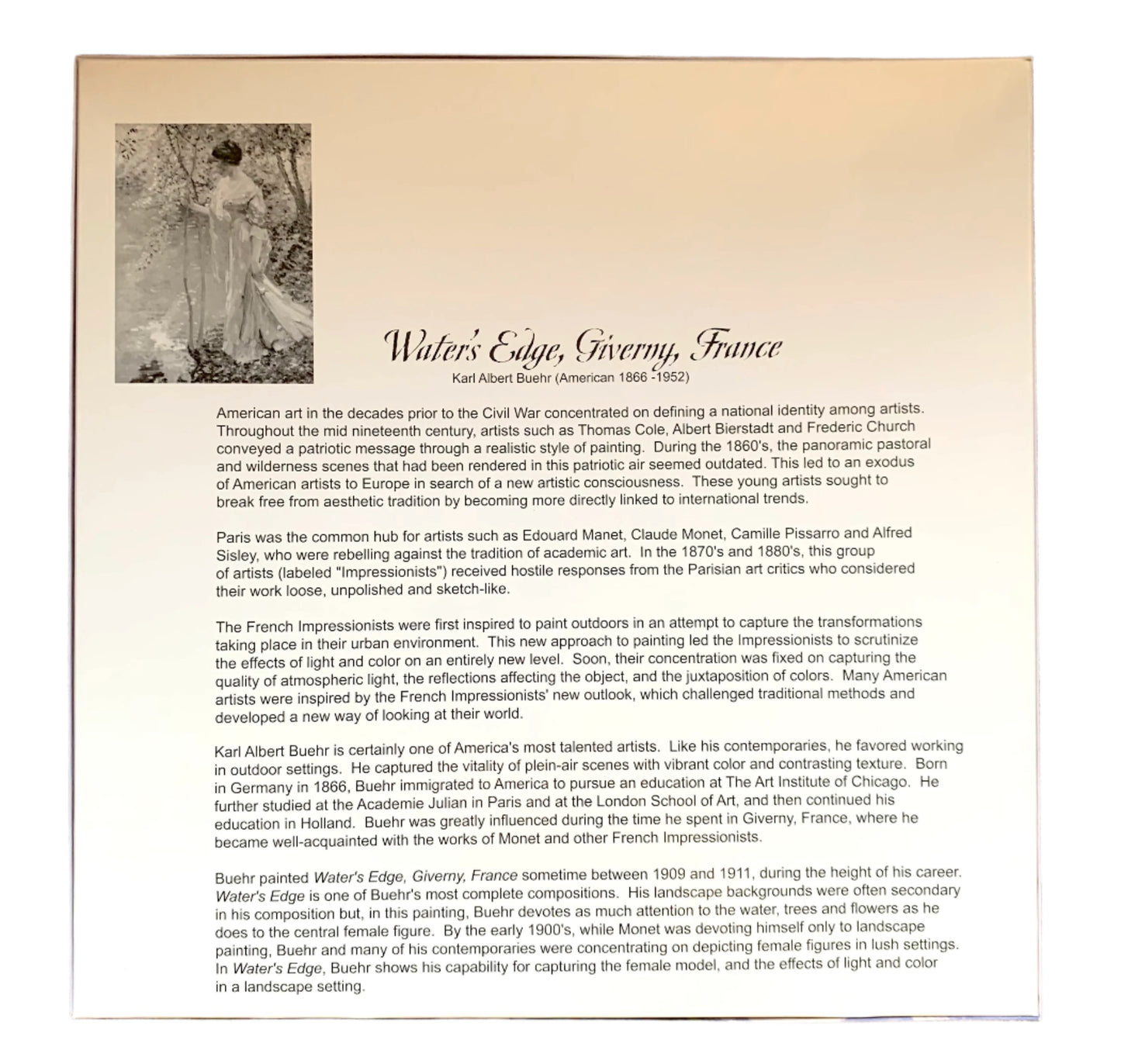 A jigsaw puzzle depicting a woman in a purple dress standing at a water's edge in a garden setting, with green and yellow colors in the background.
Photo by Karen King [additional_image_link]