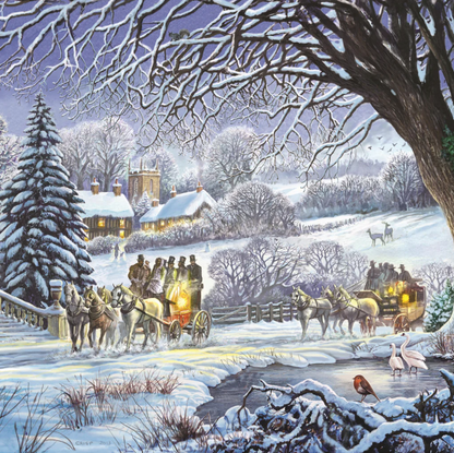 A jigsaw puzzle depicting a winter scene with horse-drawn carriages, snow-covered ground, and people bundled against the cold.
Photo by Nautilus Puzzles [image_link]