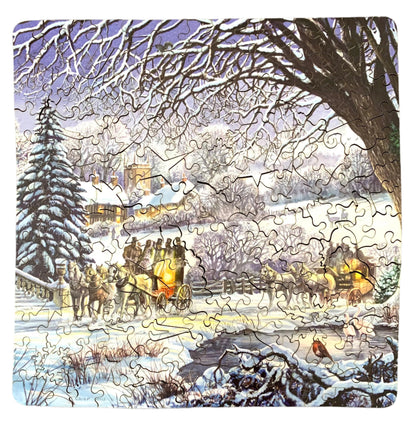 A jigsaw puzzle depicting a winter scene with horse-drawn carriages, snow-covered ground, and people bundled against the cold.
Photo by Karen King [additional_image_link]