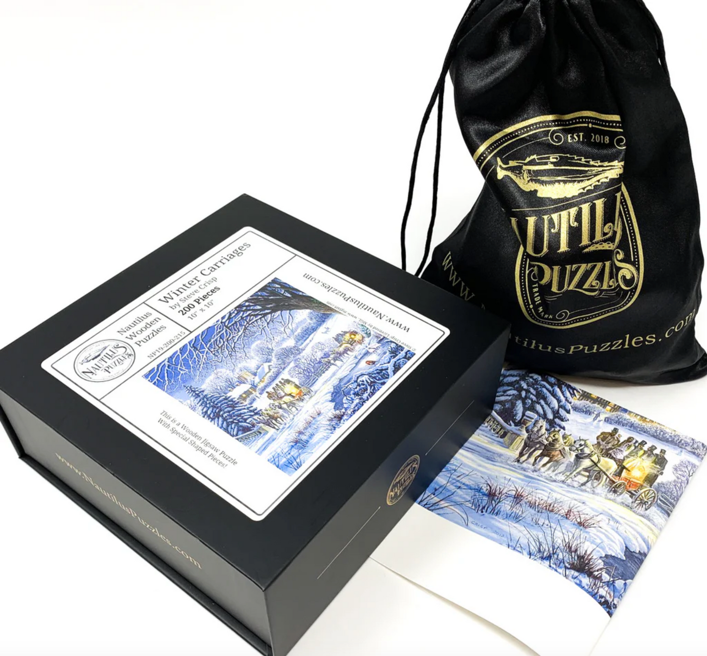 A jigsaw puzzle depicting a winter scene with horse-drawn carriages, snow-covered ground, and people bundled against the cold.
Photo by Nautilus Puzzles [additional_image_link]